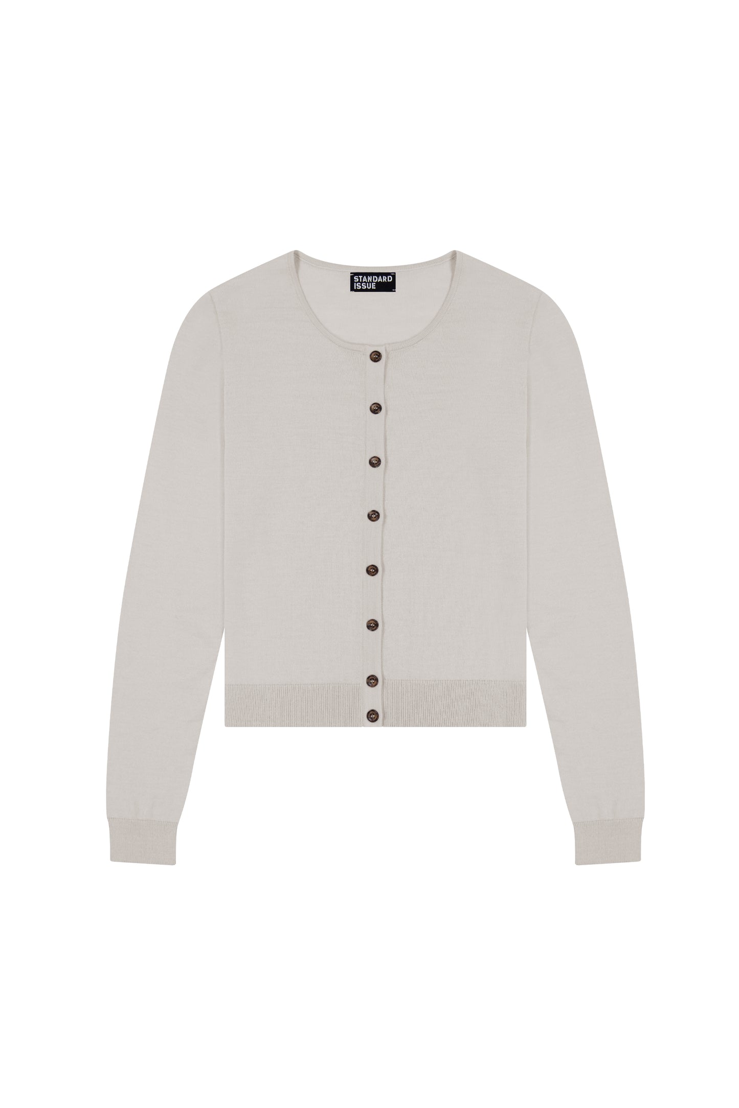 Alabaster white cardigan with black buttons on a white background