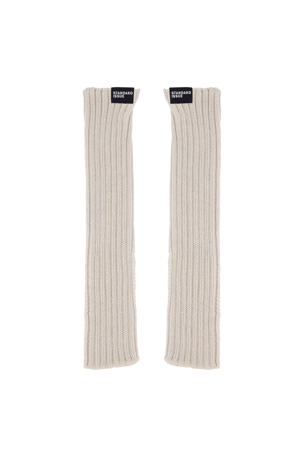 Pair of alabaster ribbed fingerless mitten hand warmers on a white background