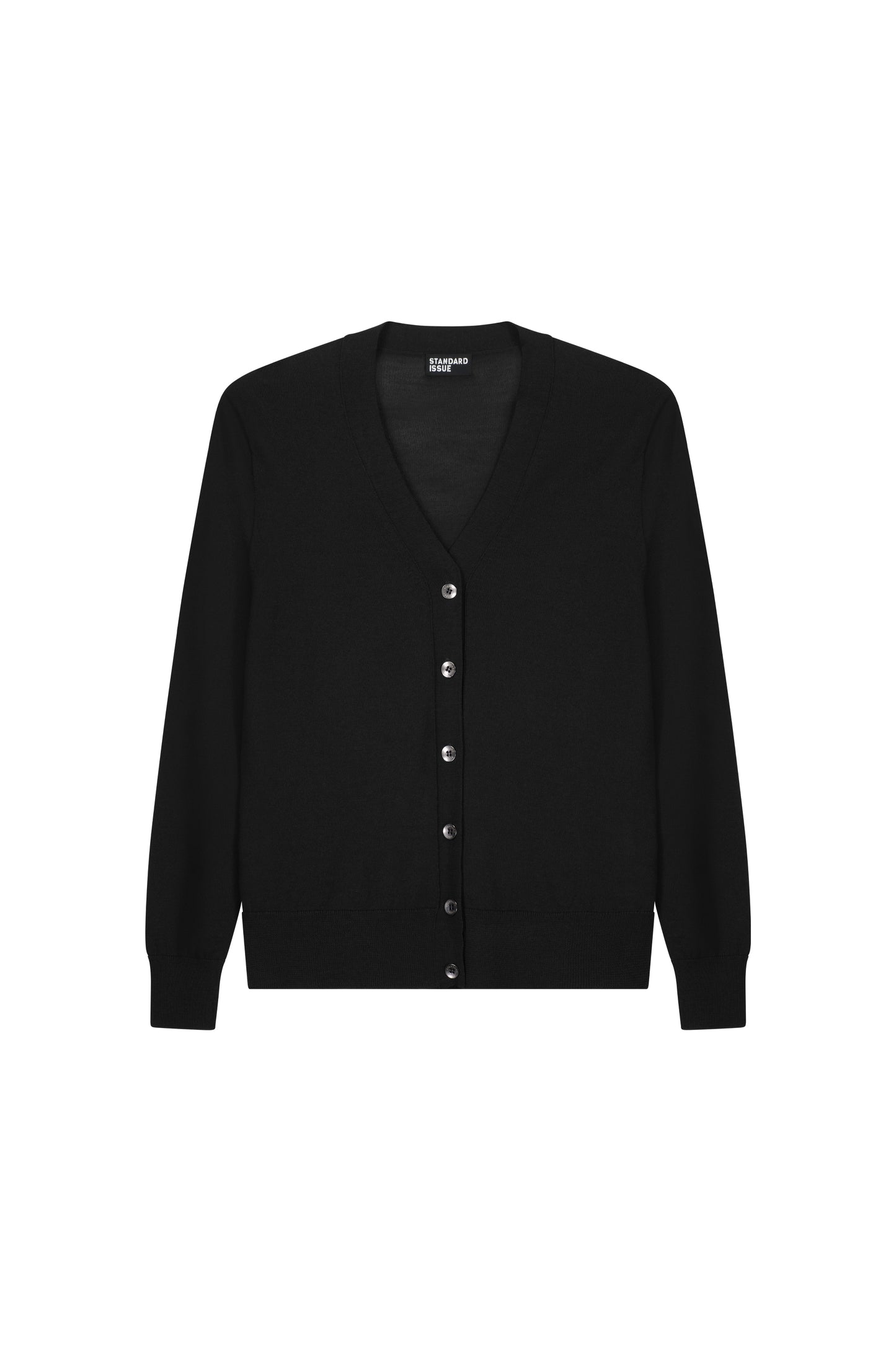 Black long V-neck merino cardigan with button-down front.