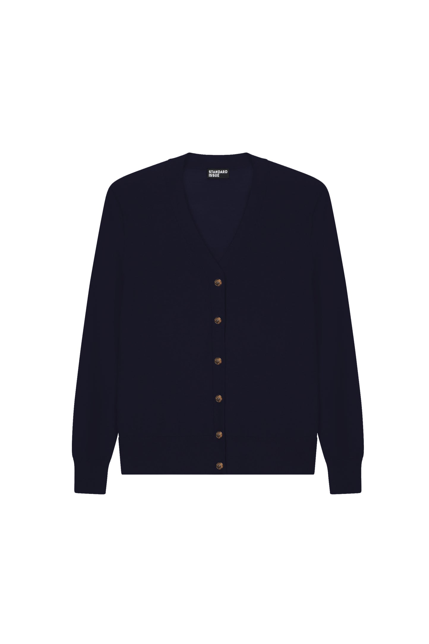 Dark navy long V-neck merino cardigan with button-down front.