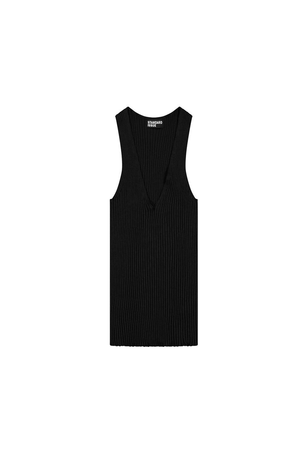 This image features a sleek, minimalist V-neck tank top in black, tailored from a light-weight 15gg merino wool.