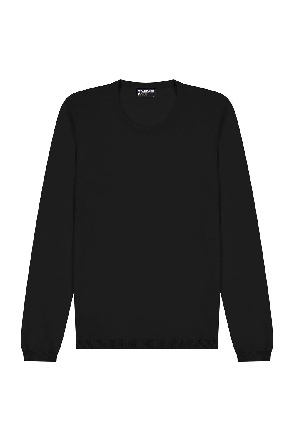 Black long-sleeve merino shirt on a white background