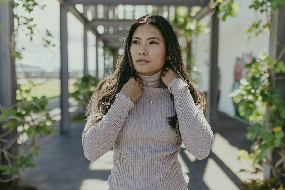 A woman wearing Standard Issue cotton cashmere balance outfit for winter