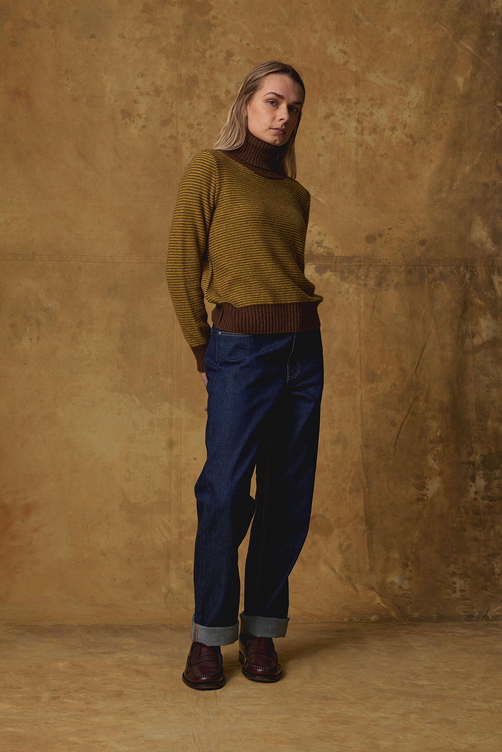 Standard Issue Possum Merino Funnel Neck Jumper in Anise/Canary (Yellow/Brown)