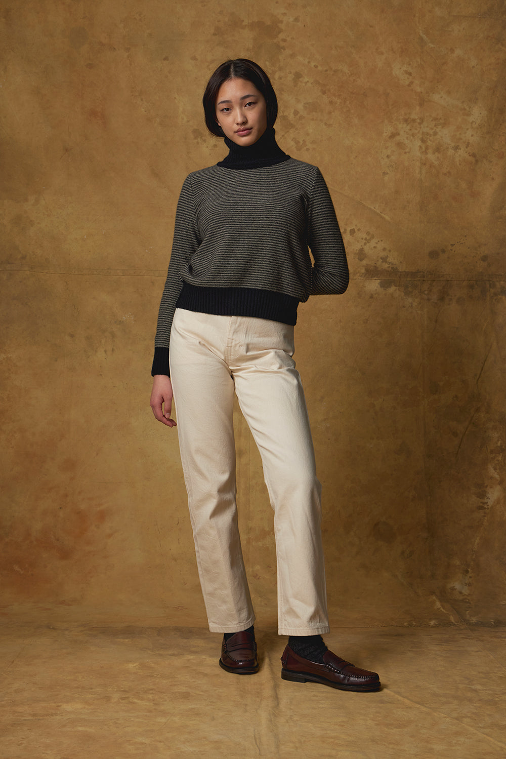 Standard Issue Possum Merino Funnel Neck Jumper in Black/Buff (Beige)