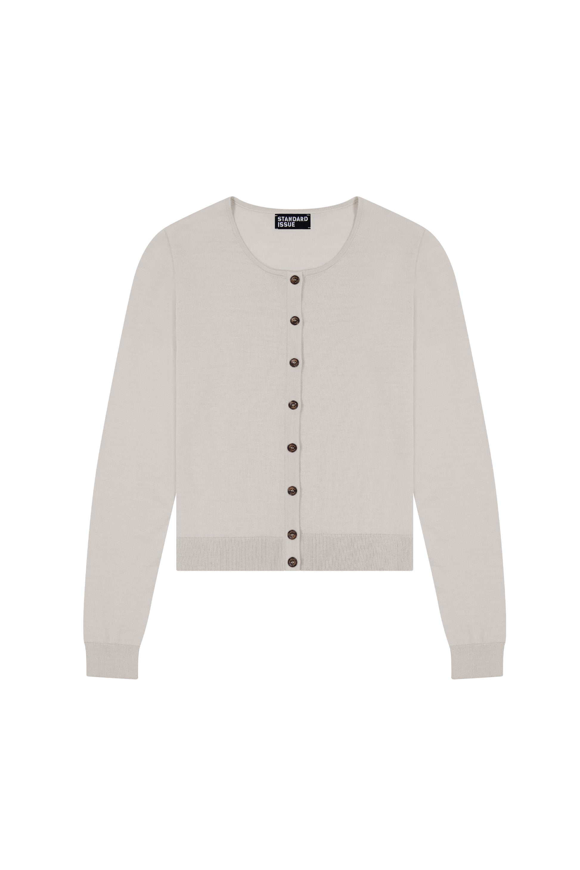 Alabaster white cardigan with black buttons on a white background