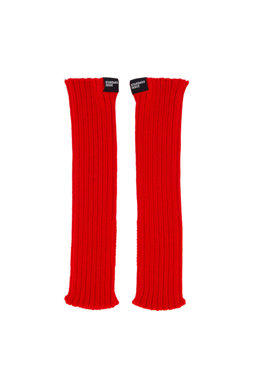 Pair of red ribbed fingerless mitten hand warmers on a white background