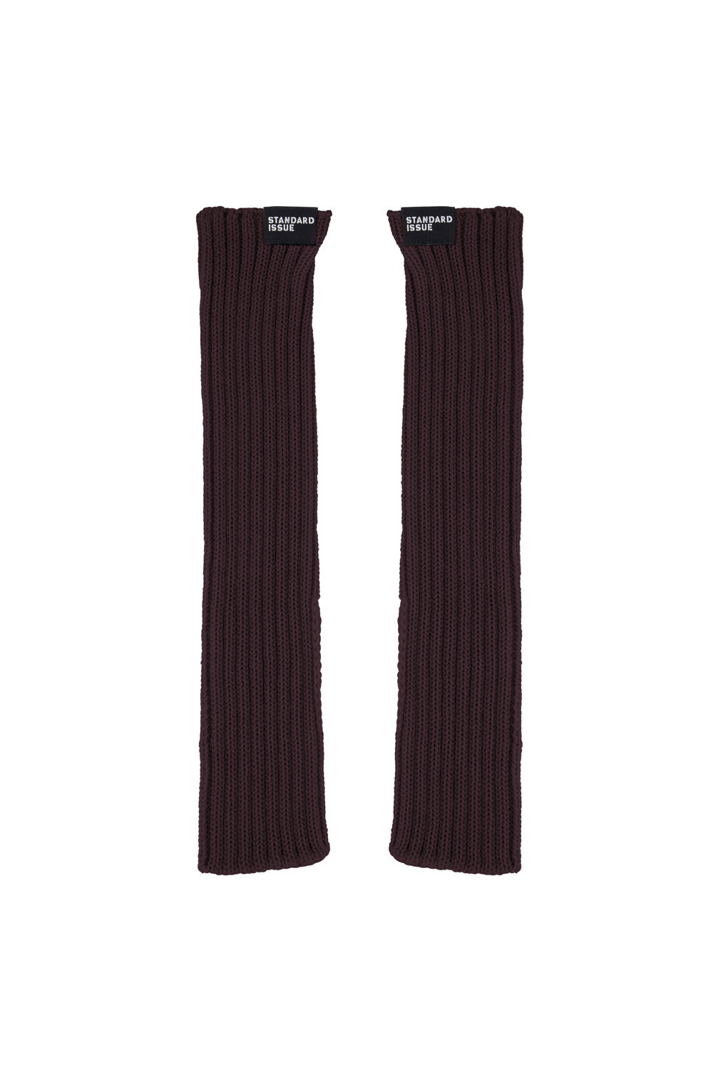 Pair of brown ribbed fingerless mitten hand warmers on a white background