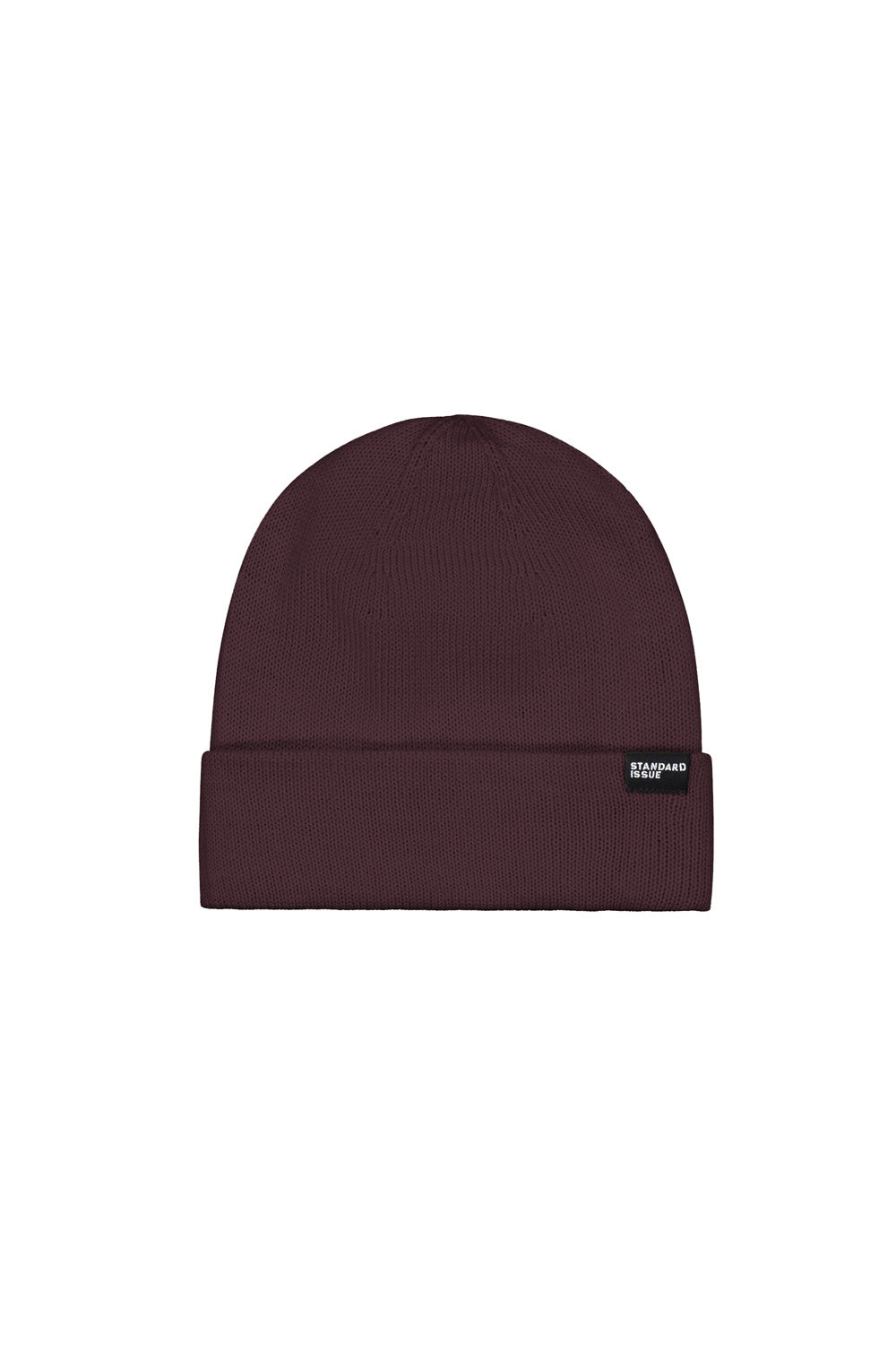 Maroon beanie with a brand label on a white background