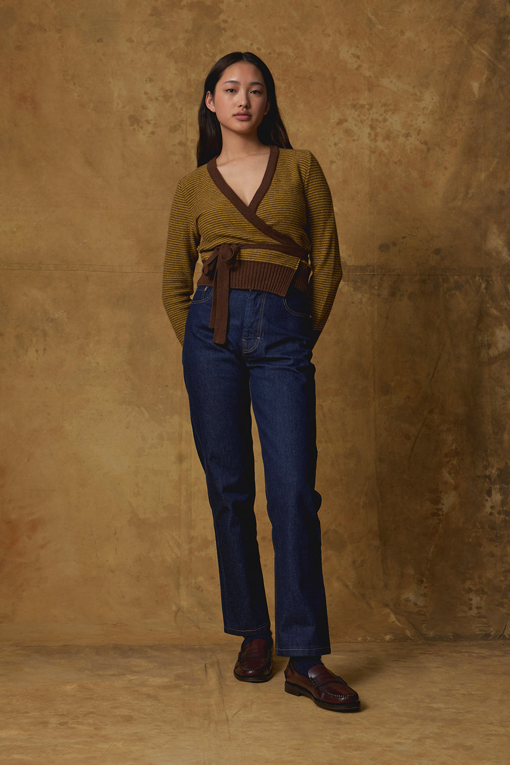 Standard Issue Possum Merino Wrap Cardigan in Anise/Canary (Yellow/Brown)