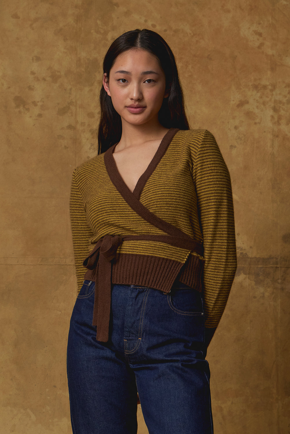 Standard Issue Possum Merino Wrap Cardigan in Anise/Canary (Yellow/Brown)
