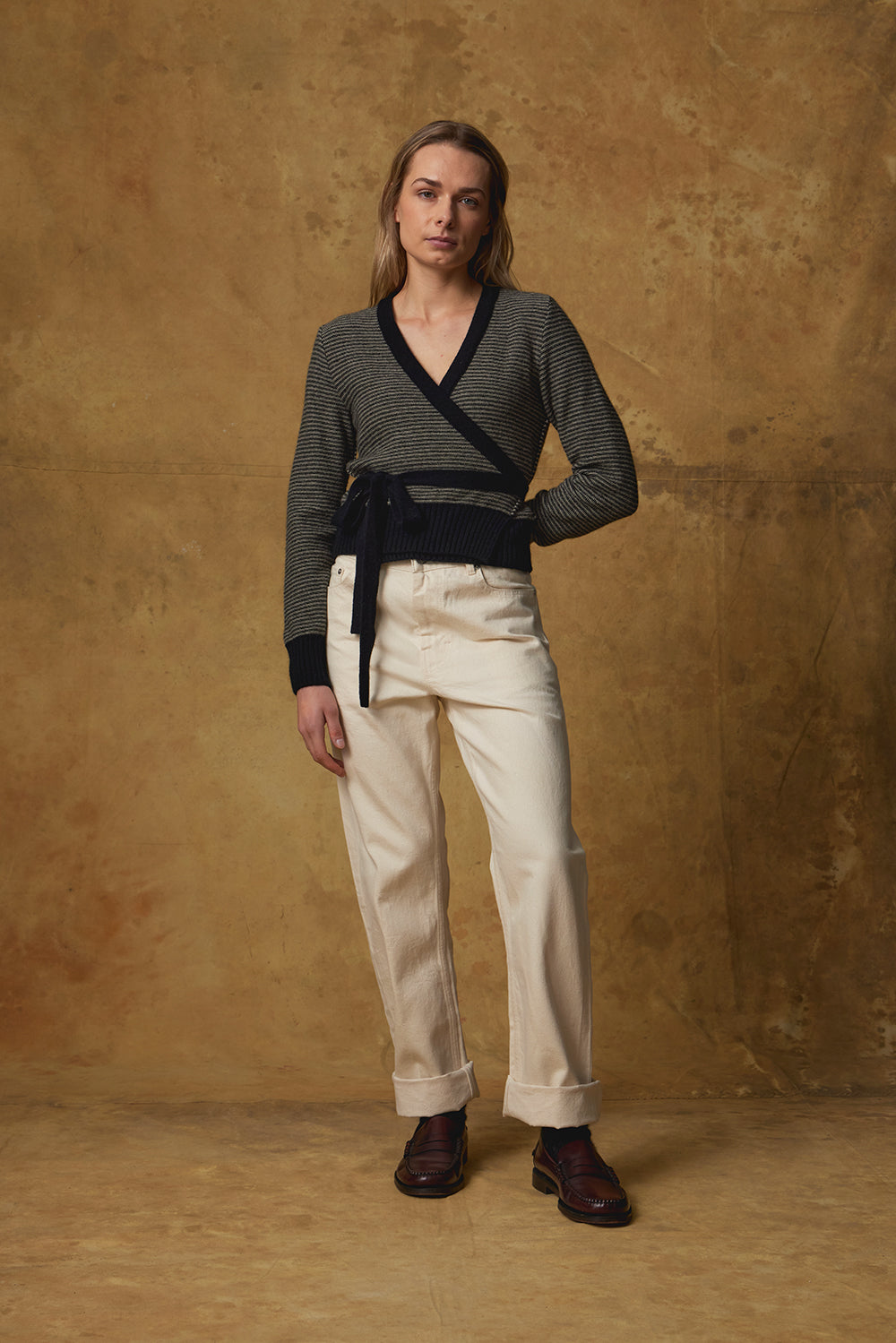 Standard Issue Possum Merino Wrap Cardigan in Black/Buff (Beige)