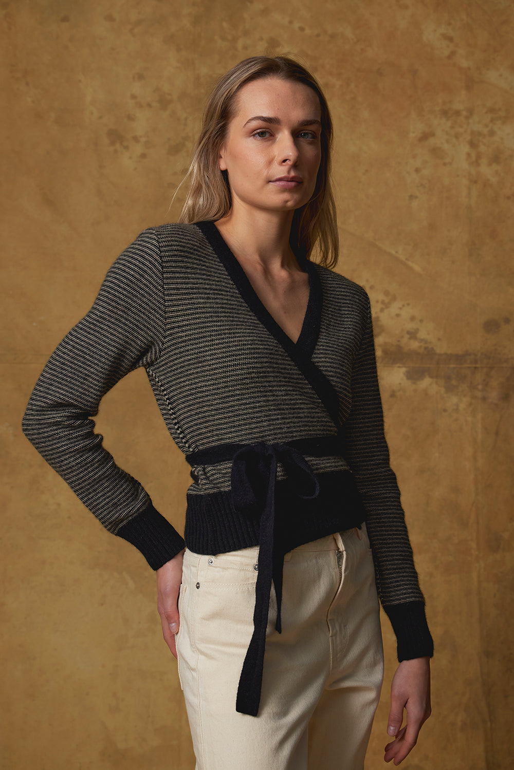 Standard Issue Possum Merino Wrap Cardigan in Black/Buff (Beige)