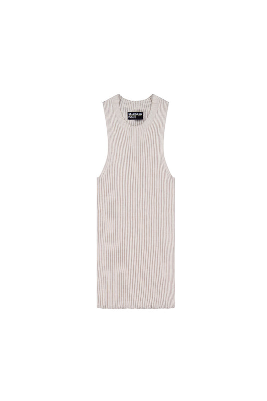 White rib crew tank top against a white background.