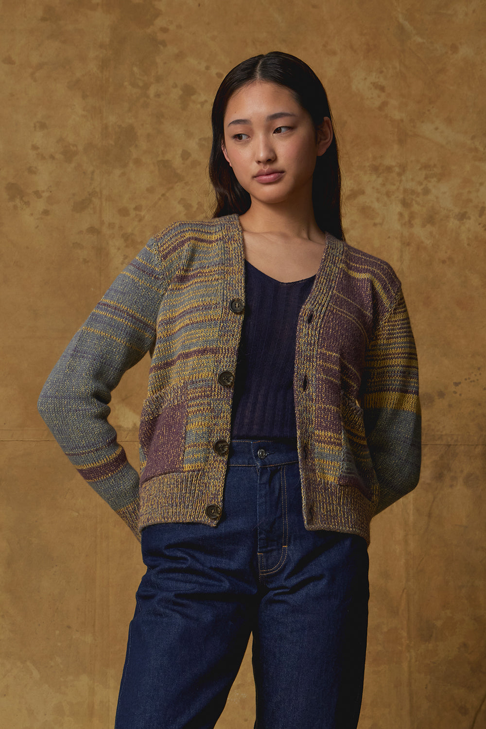 Standard Issue Alpaca Blend Cardigan in Floss (Mix of Purple, Blue, Yellow)