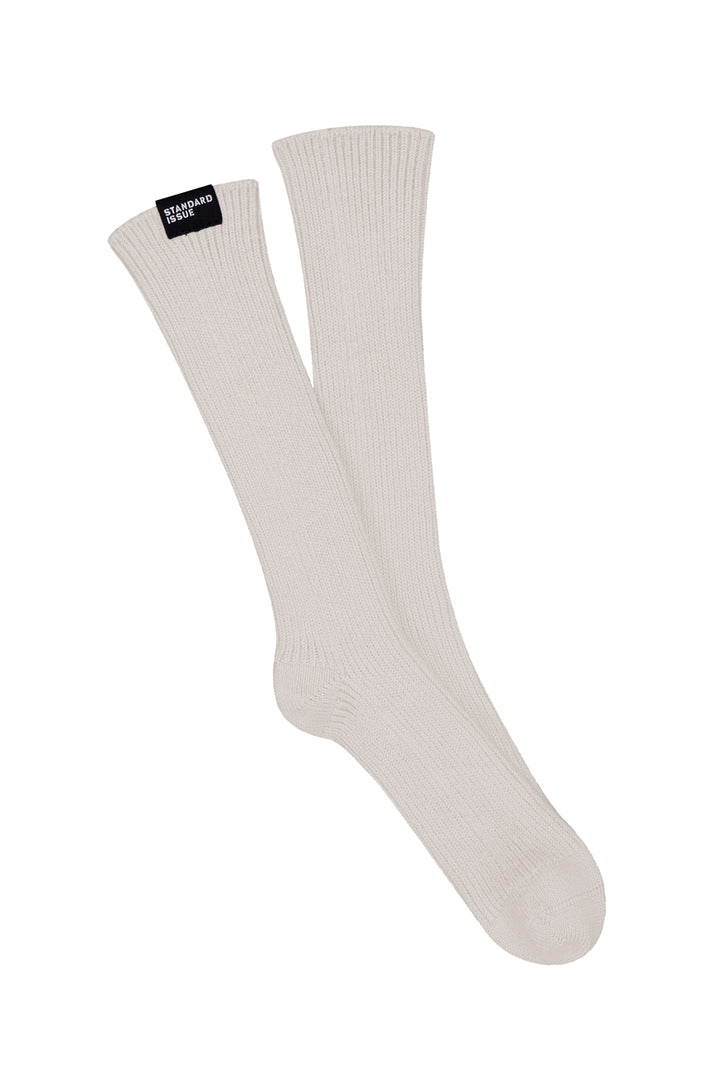 Standard Issue 100% merino alabaster white socks on a white background
