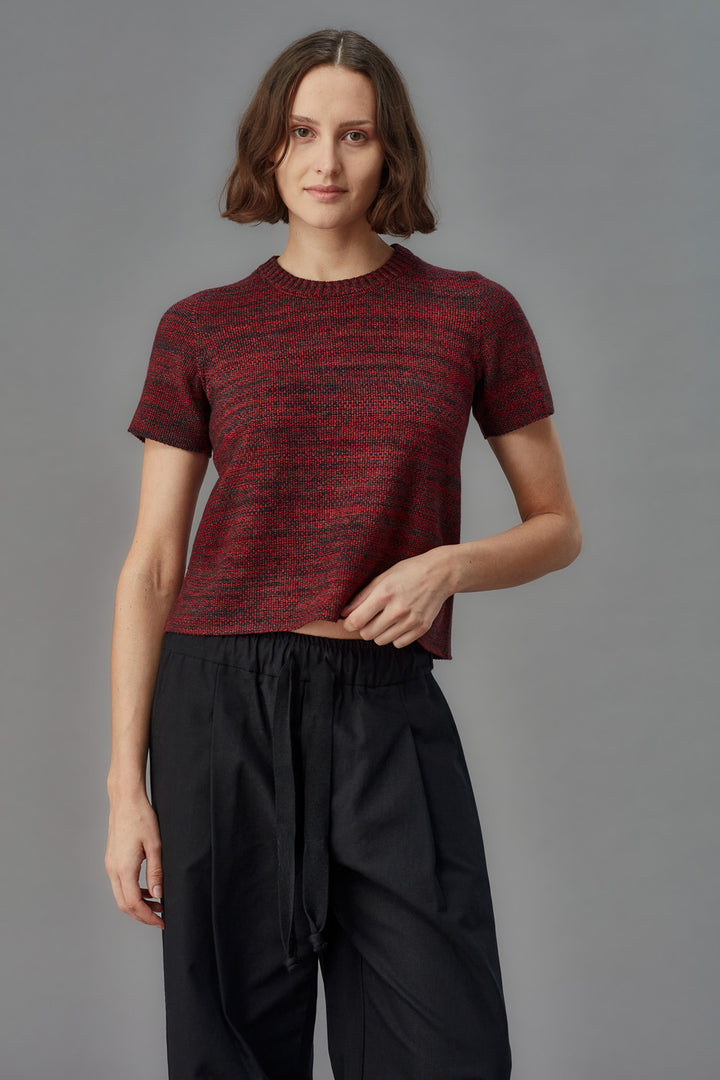 Woman wearing a red and black patterned shirt with black pants on a gray background