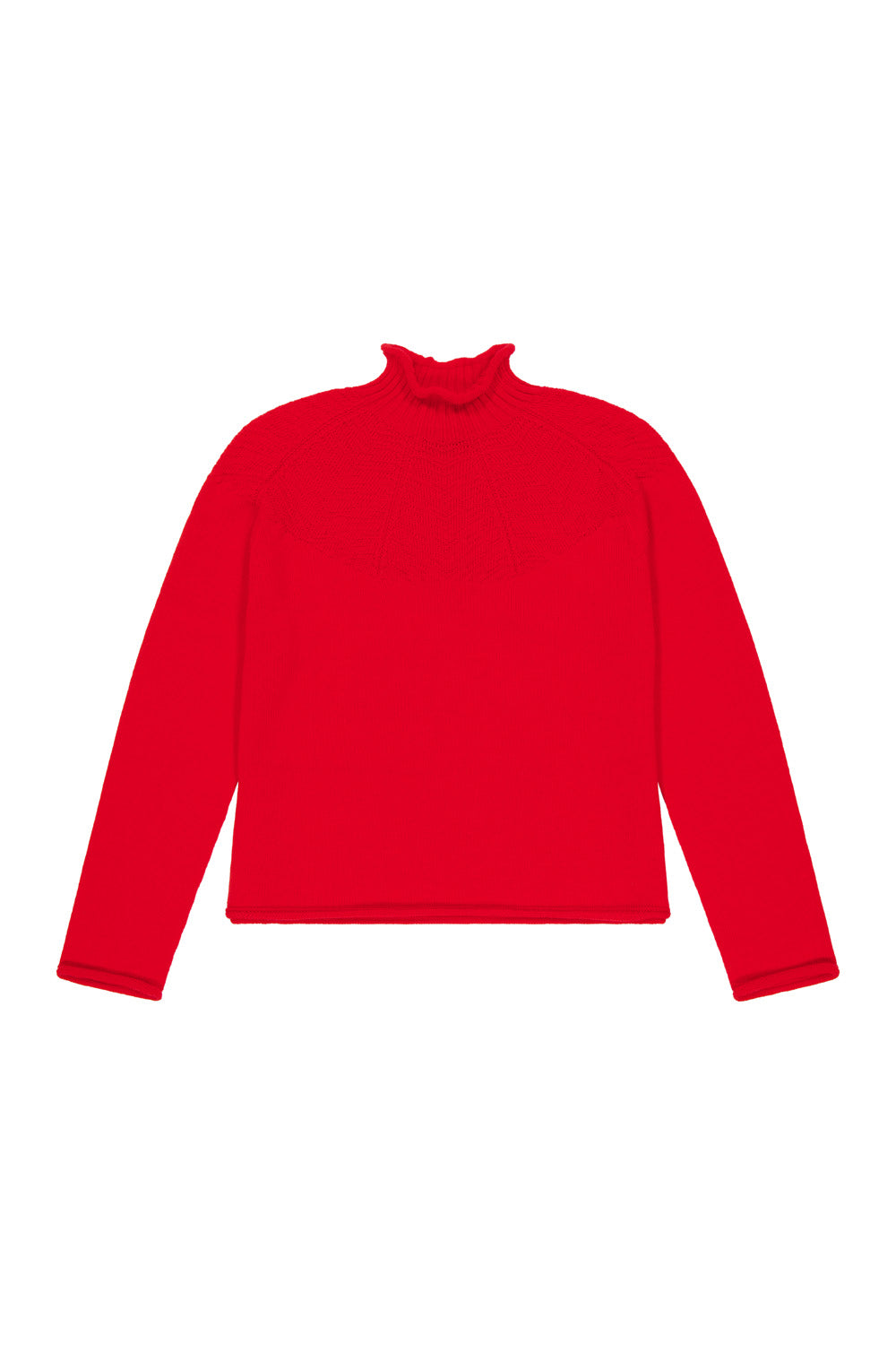 Red mock neck sweater on a white background